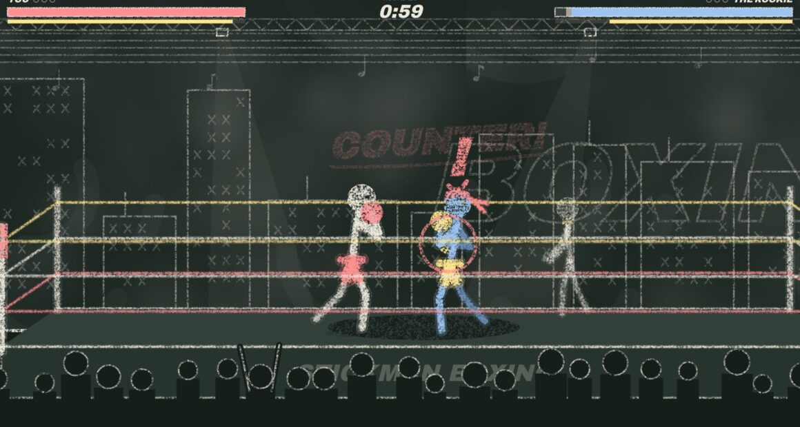 Chalk boxing ring with two stick-figure boxers trading punches and a COUNTER! callout