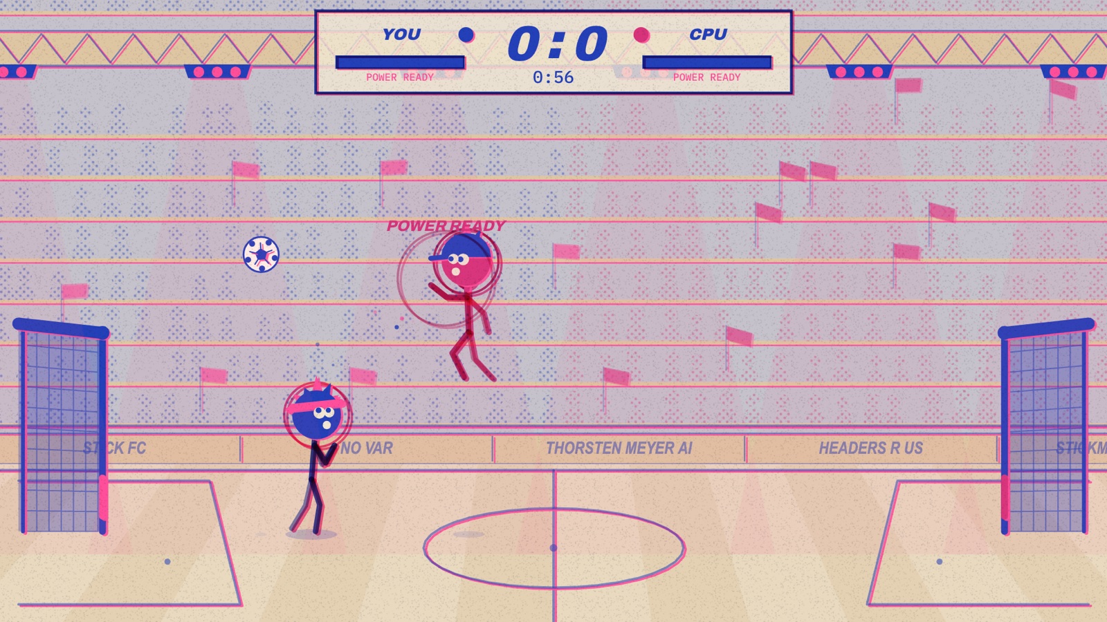 Riso stadium with two big-headed stick figures chasing a ball toward a goal